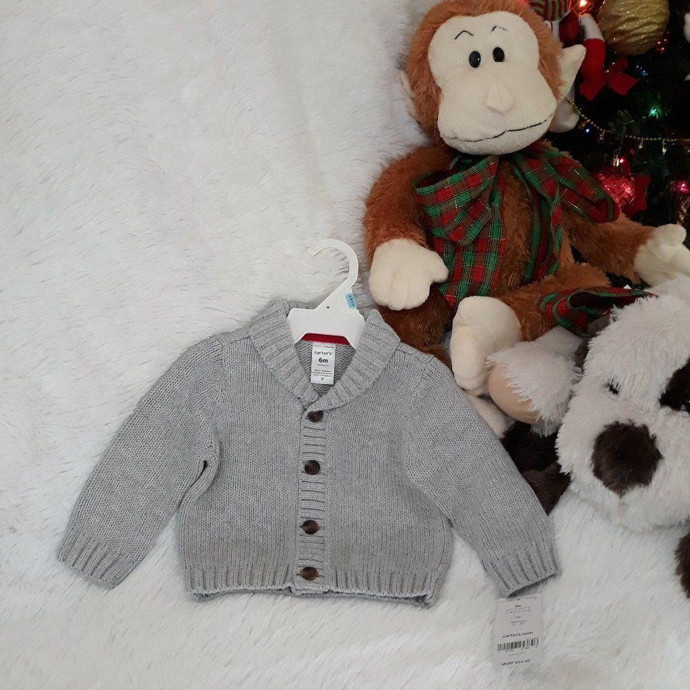CARTER'S BABY Infant Cardigan Sweater, "BABY BOY" (Size 6M) GRAY ~ NEW WITH TAGS